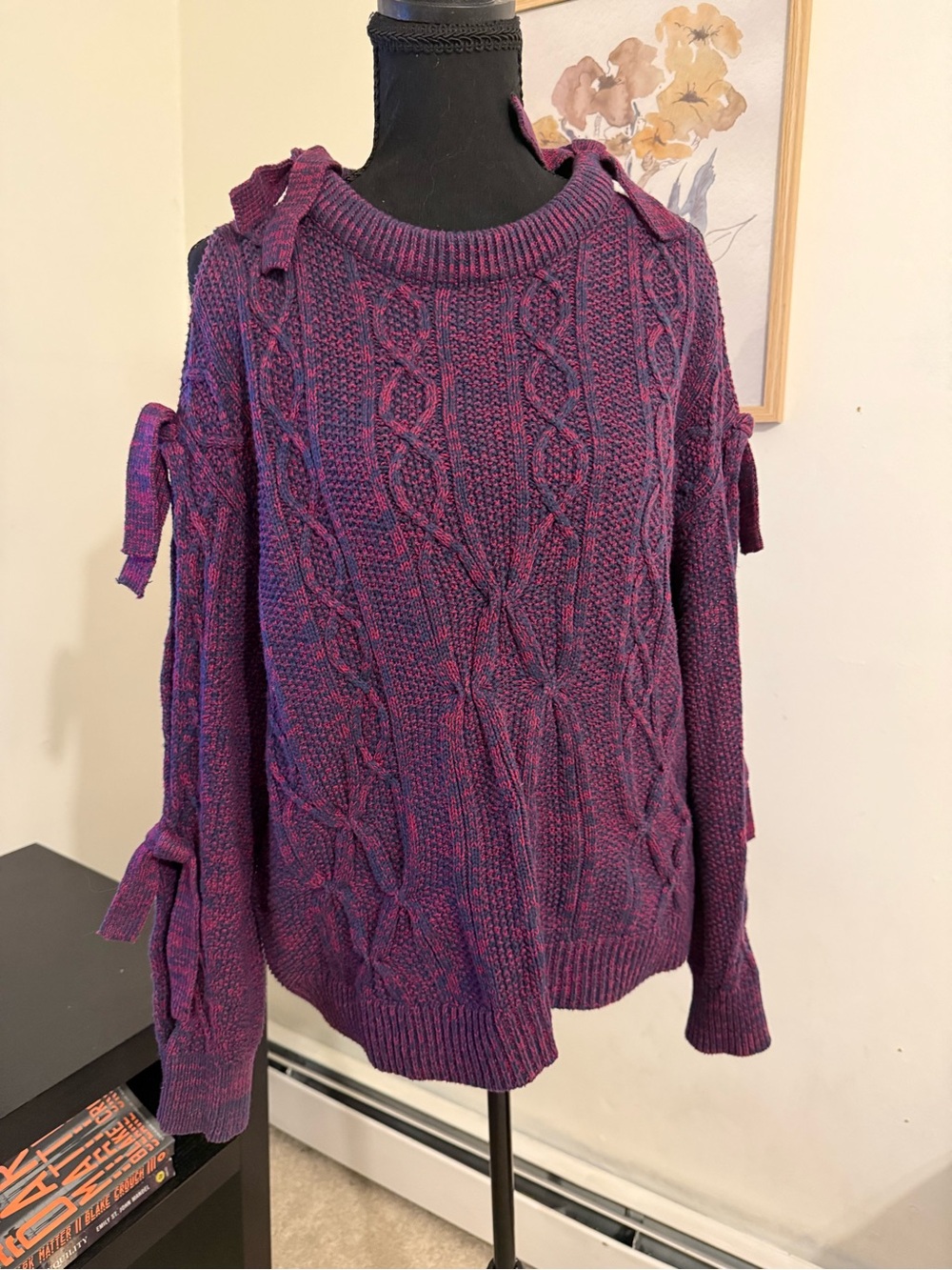 Project NAADAM Cable Knit Cold Shoulder Tie Sleeve Sweater S Purple